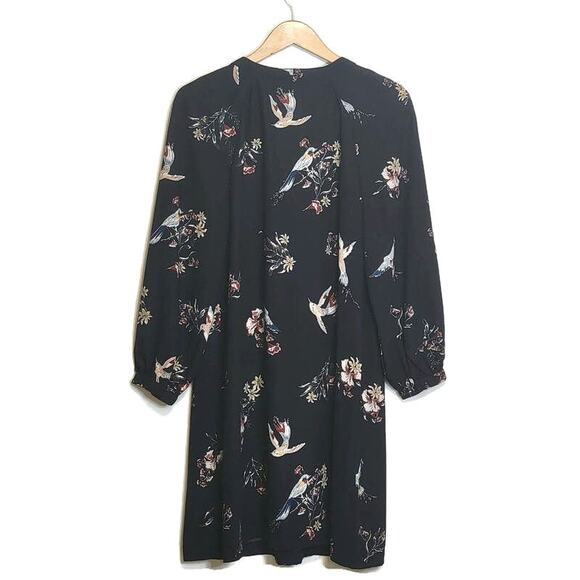 H&M Floral Bird Print V Neck Tie Neck Long Sleeve Black Shift Dress Size 12 - Picture 7 of 14